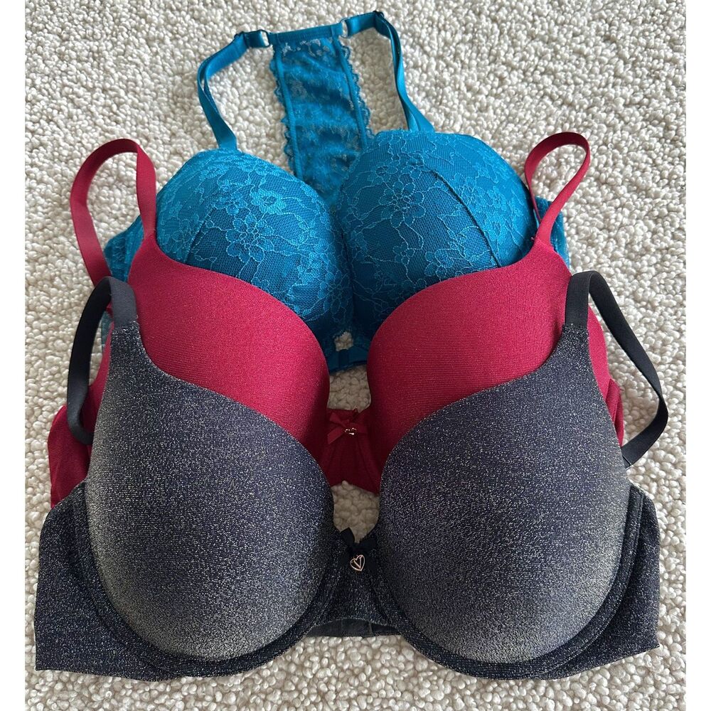 Bundle of 3 Victoria's Secret 36D Bras Push Up Body Black Red Blue Lingerie VS